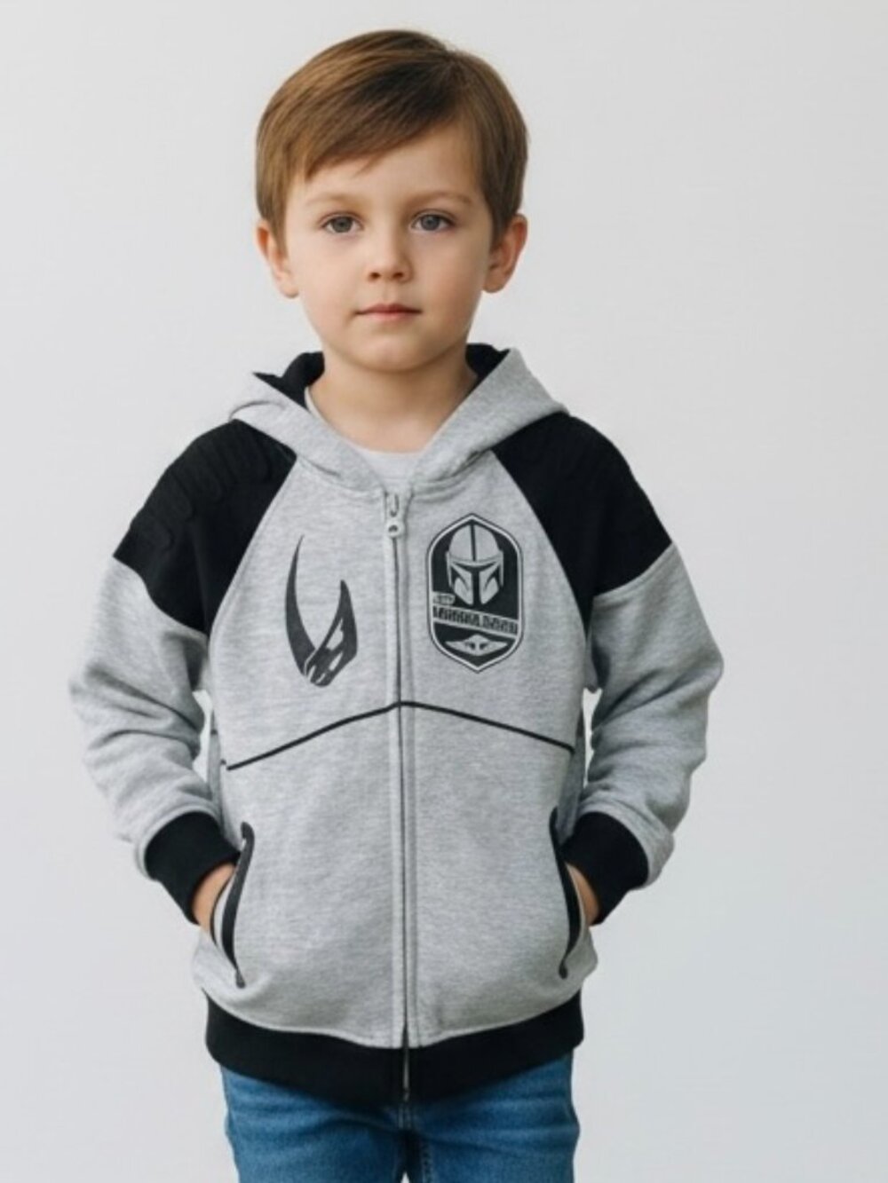 Disney Star Wars The Mandalorian Boys Hoodie 5/6 Full Zip Gray Black